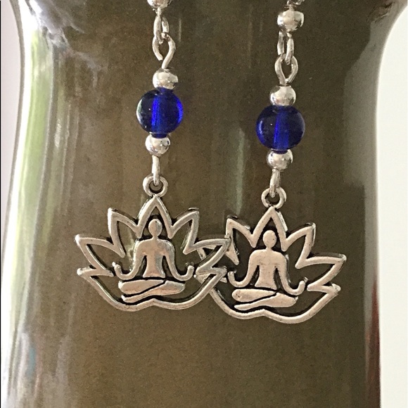 Yoga Earrings, Lotus Earrings, Cobalt Blue Earring - Picture 2 of 7